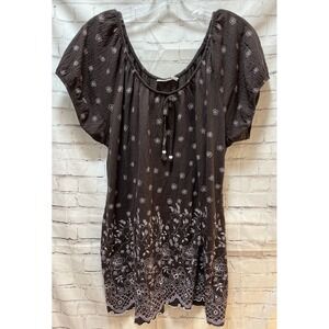 Cato Woman 22-24 brown pink stitched flowers peasant top blouse